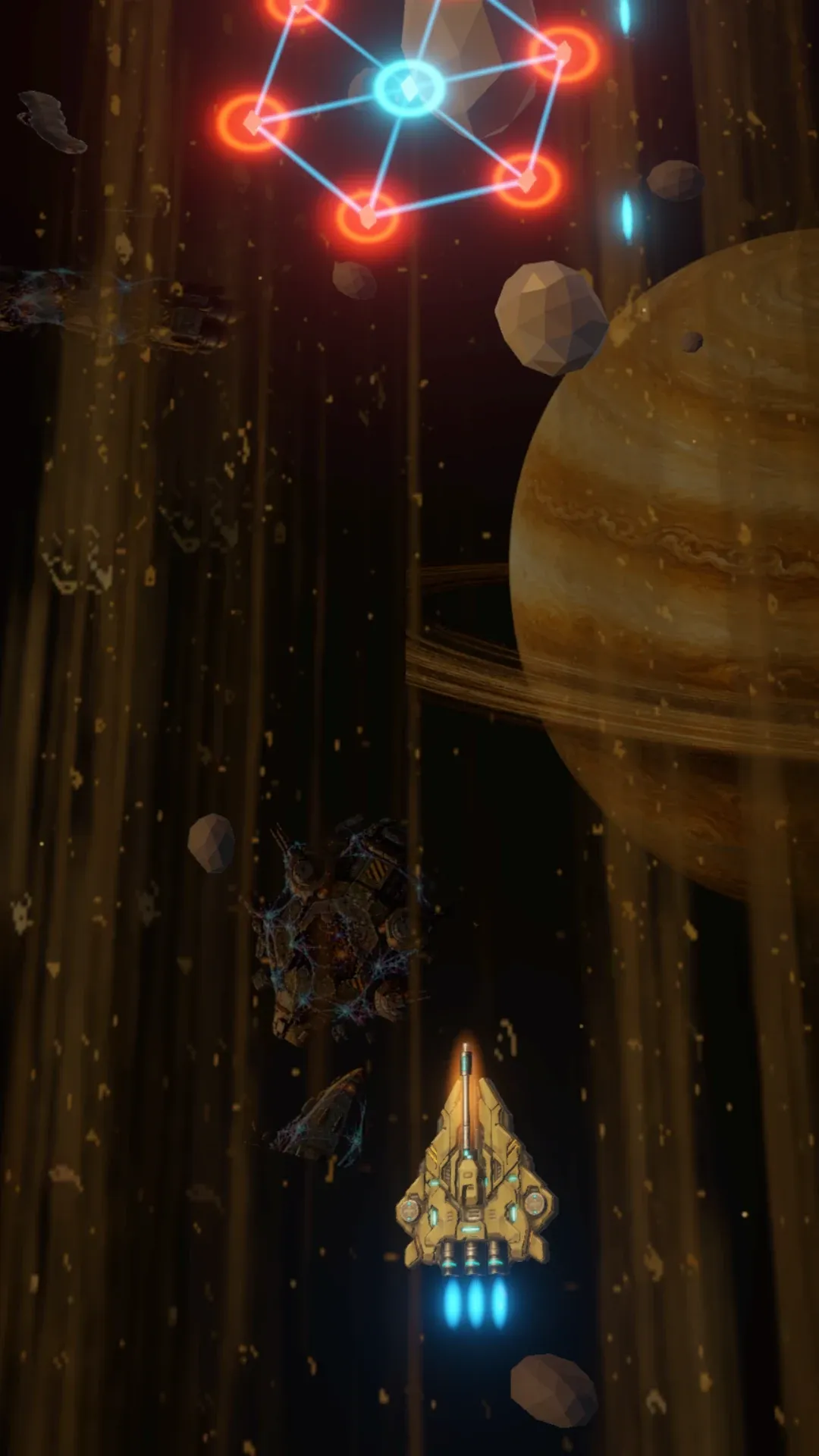 Captura del juego en los Anillos: Saturno, el polvo de los anillos y una red de Nudos rojos.