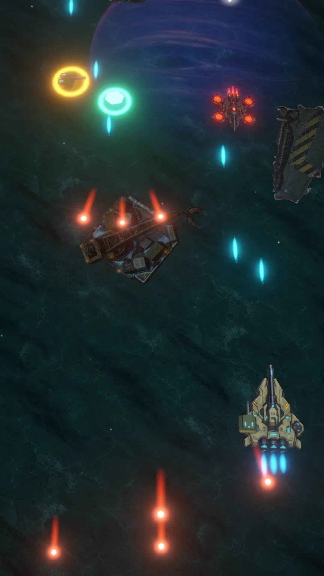 Captura del juego en Tritón: Neptuno al fondo, cazas enemigos y plataformas de hielo.